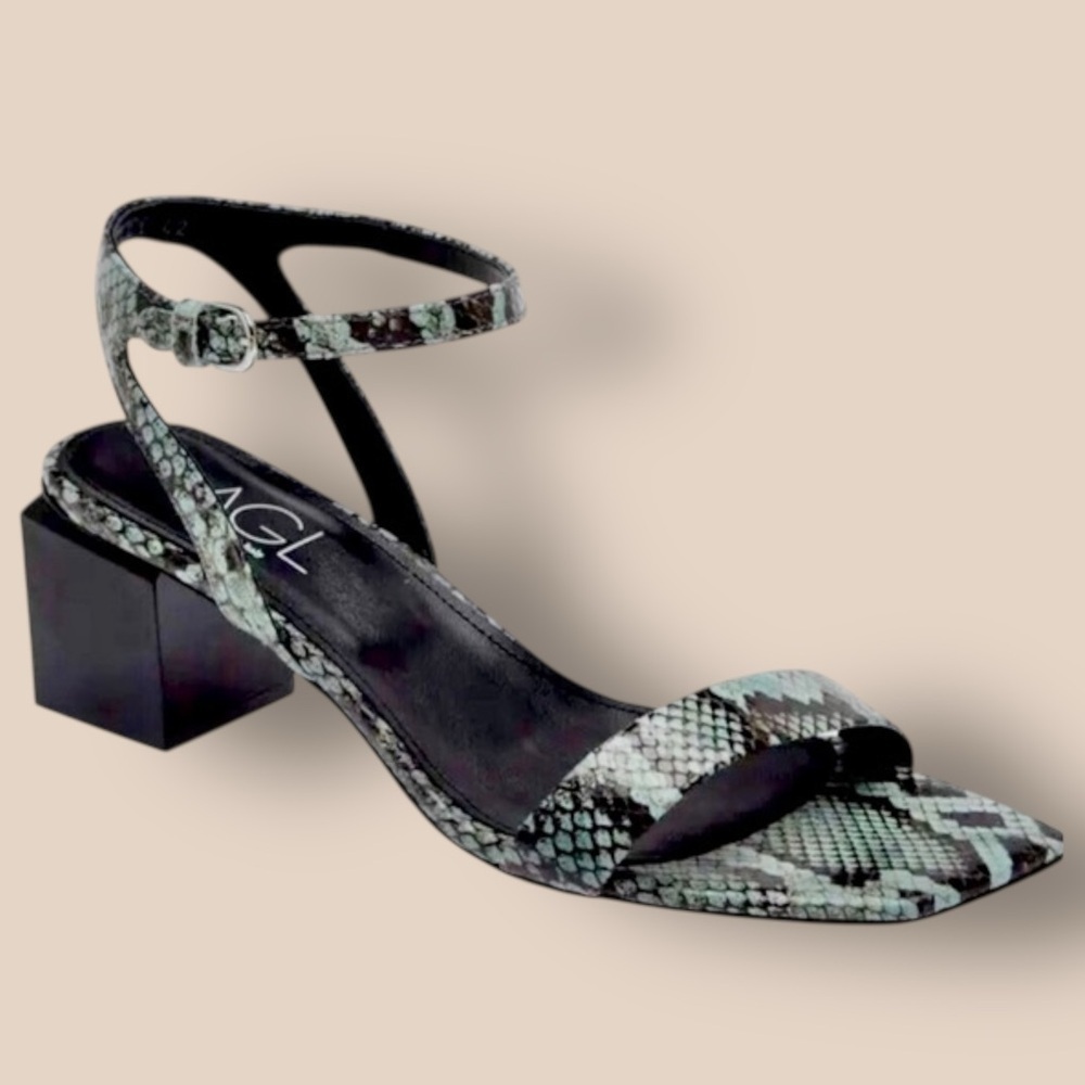 NWOT AGL Attilio Giusti Leombruni ‘Angie’ Sandal with Cube Heel in Green Snake 6